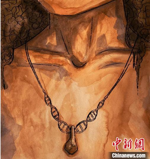 墜飾藝術(shù)再現(xiàn)圖，圖中吊墜繩為DNA螺旋樣式(圖片作者Myrthe Lucas)。　施普林格·自然 供圖