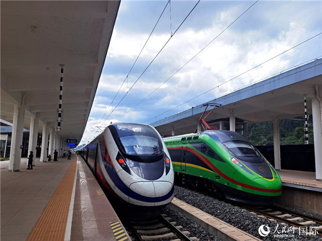 “復(fù)興號(hào)”和“瀾滄號(hào)”國(guó)際旅客列車(chē)?？吭诶蠐肽ザ≌尽Ｈ嗣窬W(wǎng) 杜明明攝