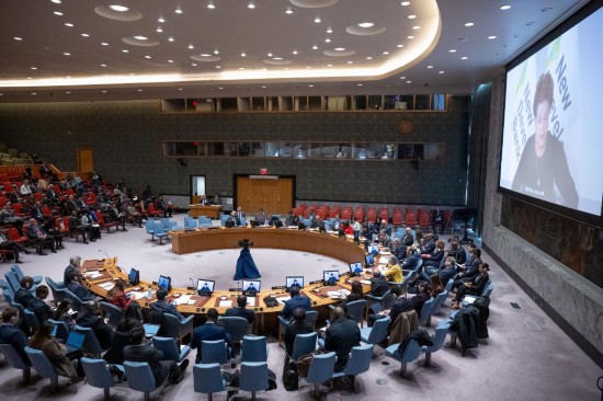 這是2023年11月20日在位于紐約的聯(lián)合國總部拍攝的安理會“共同發(fā)展促進持久和平”公開辯論會現(xiàn)場。中國作為輪值主席，倡議聯(lián)合國安理會20日舉行主題為“共同發(fā)展促進持久和平”的公開辯論會。新華社發(fā)（聯(lián)合國供圖/埃斯金德·德貝卜攝）