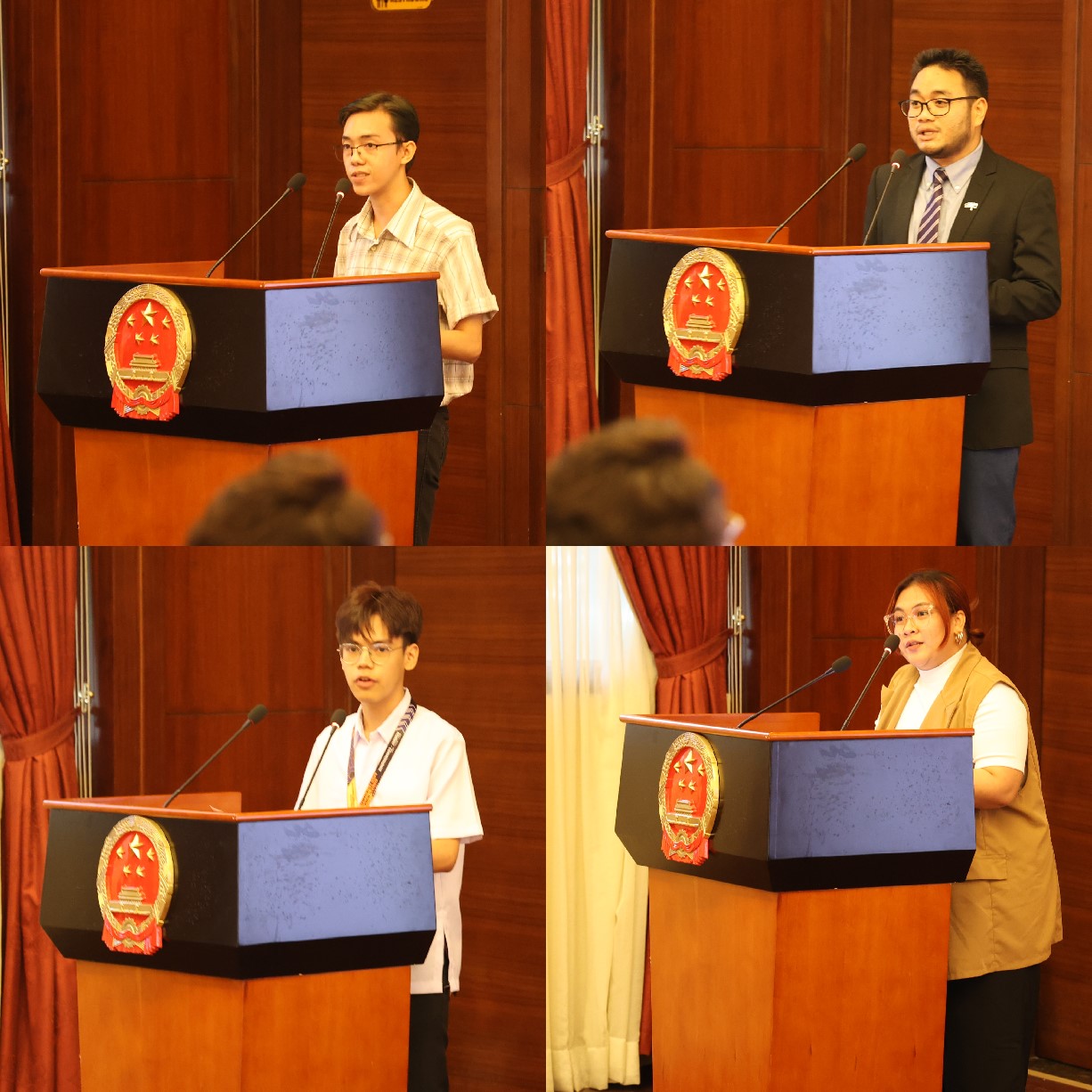 菲律賓大學(xué)、菲律賓師范大學(xué)的4位學(xué)生和校友代表現(xiàn)場(chǎng)發(fā)言向中方表示感謝并分享體會(huì)。駐菲律賓使館 供圖