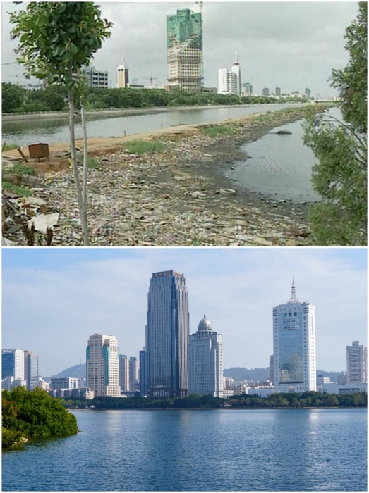 上圖：筼筜湖治理前資料圖。下圖：筼筜湖如今的美麗風(fēng)光。人民網(wǎng)記者 吳超嵐攝
