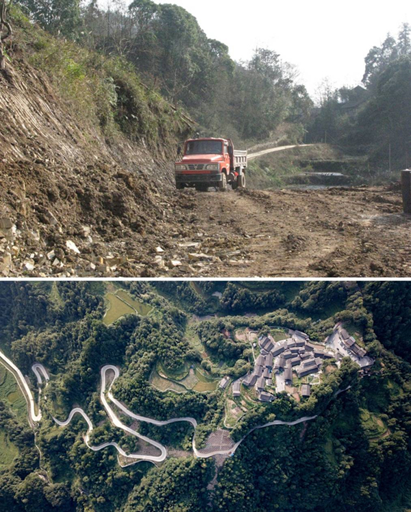 拼版照片：上圖為2011年12月拍攝的湖南省湘西土家族苗族自治州花垣縣十八洞村進(jìn)村道路；下圖為2019年9月拍攝的十八洞村及進(jìn)村道路。