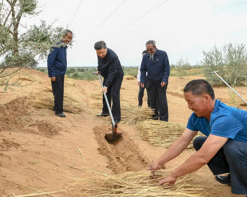 2019年8月21日，習(xí)近平來到甘肅省武威市古浪縣八步沙林場，實(shí)地察看當(dāng)?shù)刂紊吃炝?、生態(tài)保護(hù)等情況。新華社記者 謝環(huán)馳 攝