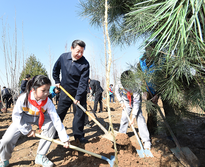 2015年4月3日，習近平總書記同大家一起植樹。