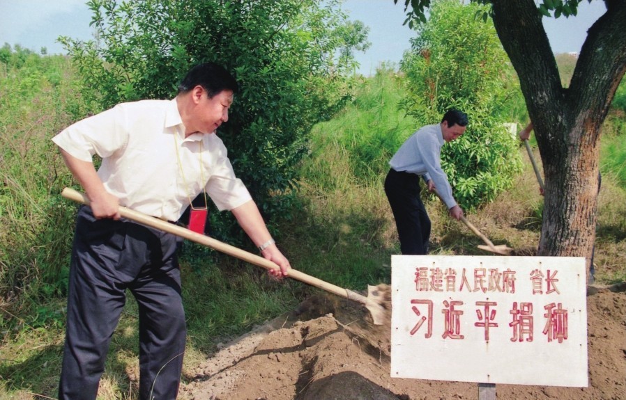 2001年10月，習(xí)近平在龍巖市長(zhǎng)汀縣調(diào)研水土流失治理工作，在河田世紀(jì)生態(tài)園為樹培土。圖源：《習(xí)近平在福建（下）》