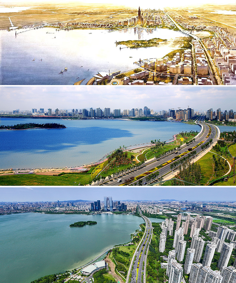 拼版照片：上圖為1994年繪制的蘇州工業(yè)園區(qū)手繪規(guī)劃圖；中圖為2007年拍攝的蘇州工業(yè)園區(qū)；下圖為2023年7月4日用無(wú)人機(jī)拍攝的蘇州工業(yè)園區(qū)。