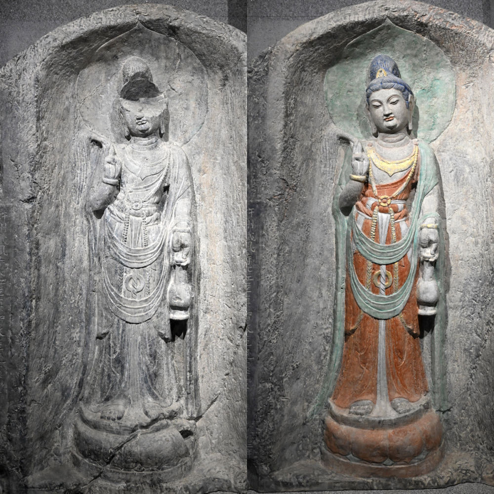 左圖為龍門石窟萬佛洞窟前南壁菩薩造像的3D打印模型；右圖為利用數(shù)字化技術(shù)復(fù)原后的3D打印模型（2025年4月10日攝，拼版照片）。復(fù)原后的像龕精妙絕倫，栩栩如生，被游客譽(yù)為“龍門最美菩薩”。圖片來源新華社