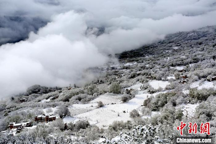 雪后的丹巴半山云霧繚繞?！±钣腊?攝