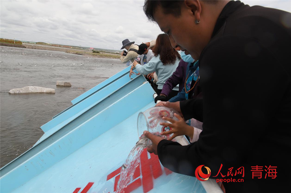 群眾放流青海湖裸鯉。人民網(wǎng) 陳明菊攝